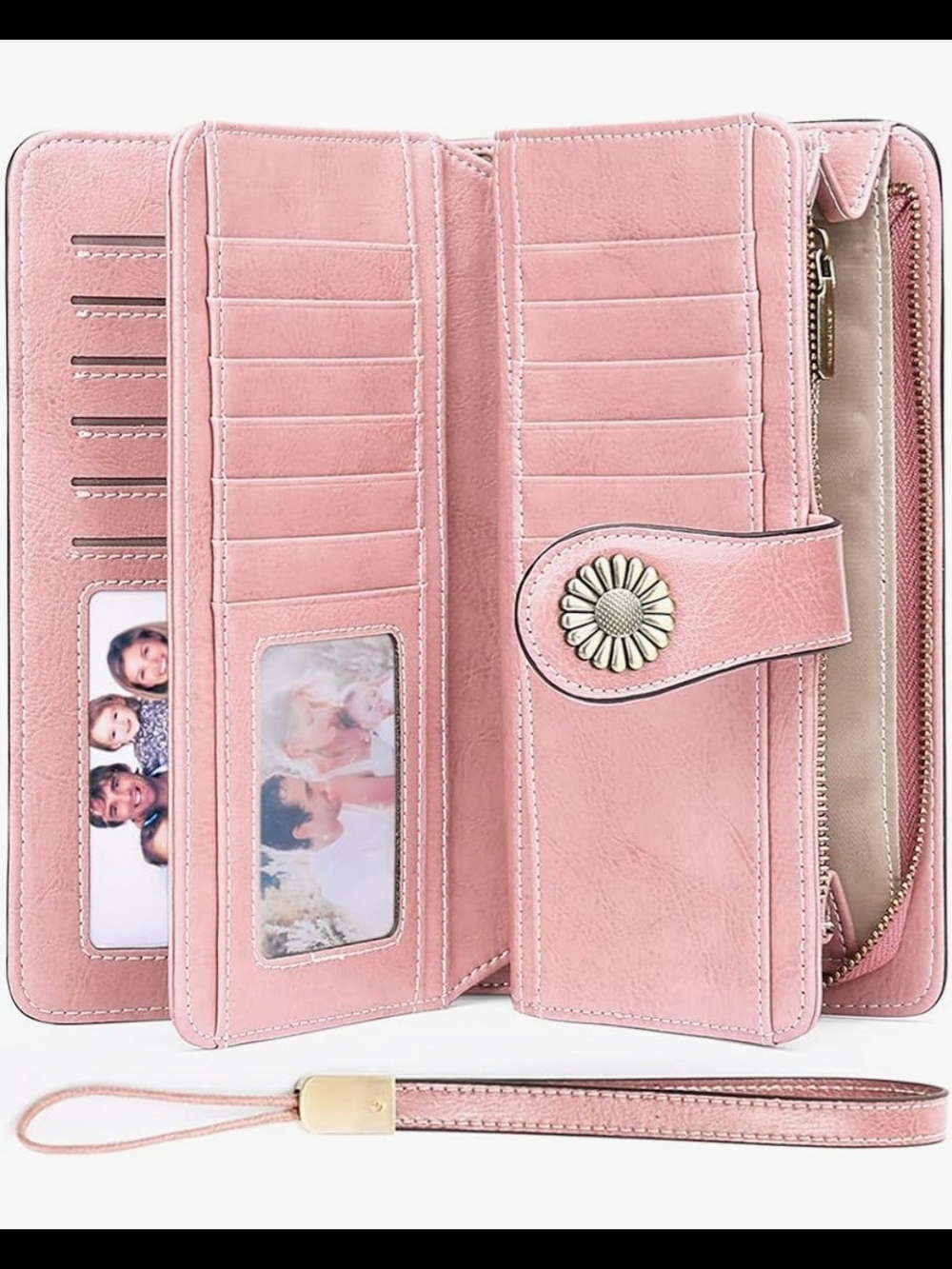 Blush Pink Women’s Large Zip-Around Wallet with Daisy Snap